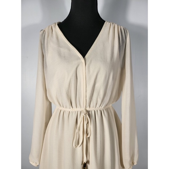 SOHO Apparel LTD.Long Sleeve Dress V-Neck Drawstring Waist  Beige Dress Size S - Picture 5 of 8